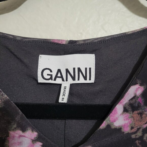 Ganni Black Floral Mesh Rushed Crop Blouse Sz 38 Medium - Picture 6 of 9
